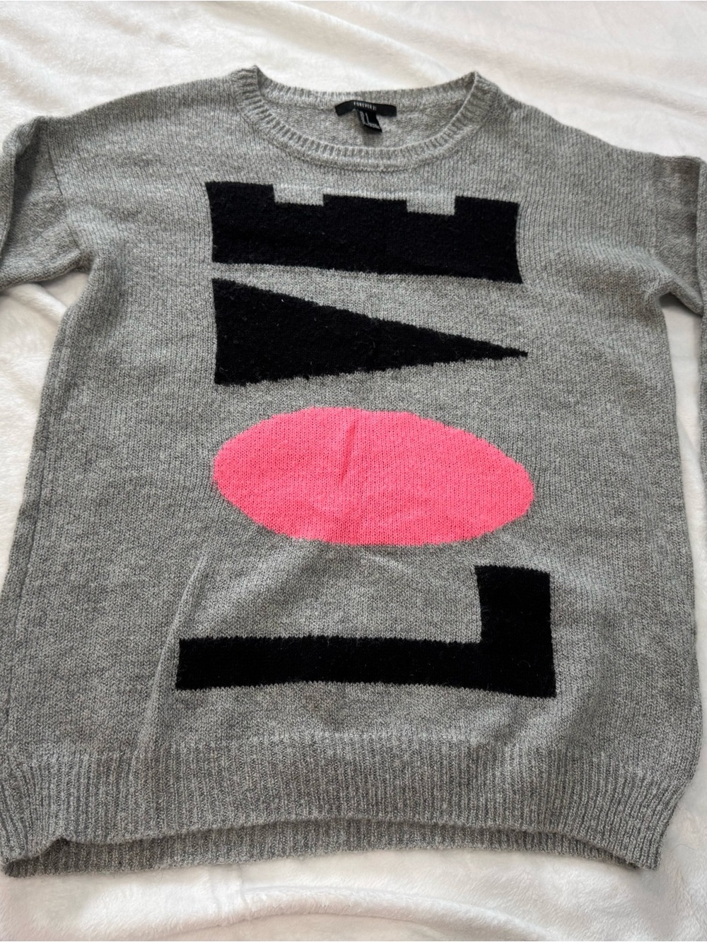 Forever 21 Gray Crewneck Sweater with Pink and Black Love Graphic